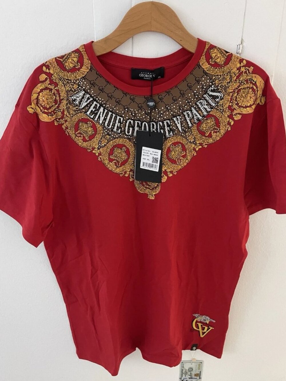 Avenue George V Paris Red T-Shirt rhinestone Baroque men’s Tee  XL 2XL 3XL NWT